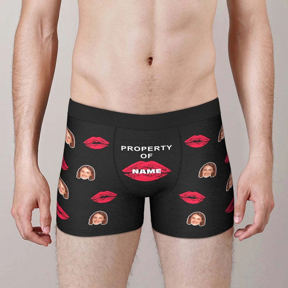 Custom Lip Print Property Of Name Boxers Brief Personalized Face Boxers Brief Gift For Him-Blongser