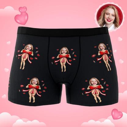 Custom Photo Boxer Red Bow Gift Underwear Men's Underwear Gift For Boyfriend AR View Valentine's Day Gift-Blongser