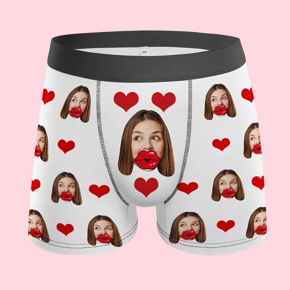 Custom Face Red Lips and Heart Boxer Personalized Men's Underwear-Blongser
