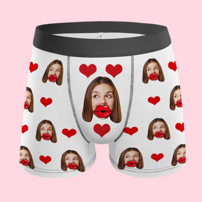Custom Face Red Lips and Heart Boxer Personalized Men's Underwear-Blongser