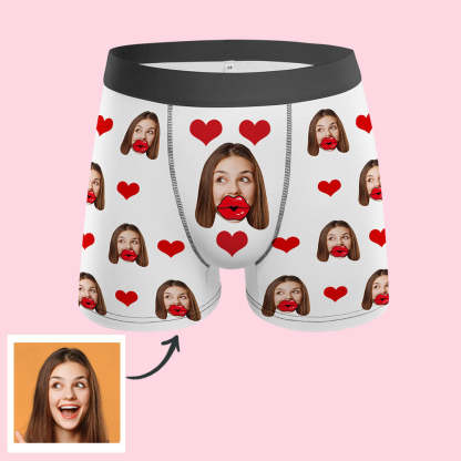 Custom Face Red Lips and Heart Boxer Personalized Men's Underwear-Blongser