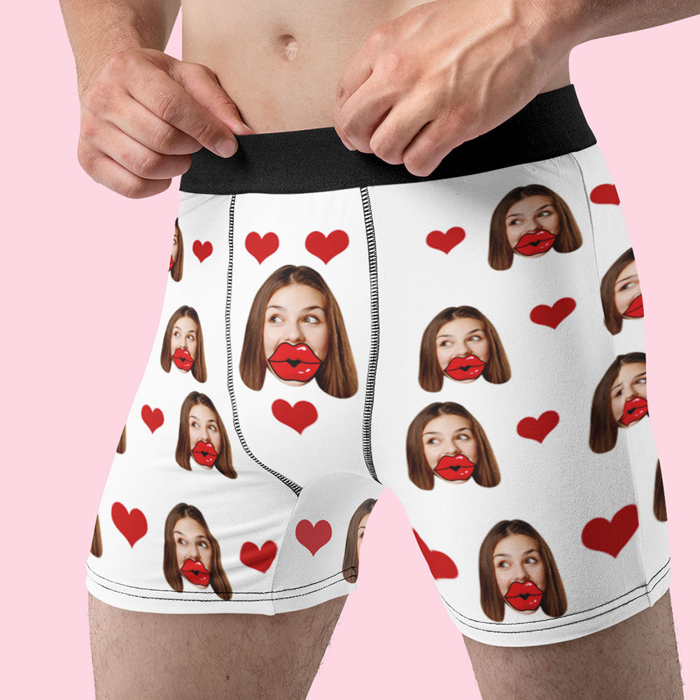 Custom Face Red Lips and Heart Boxer Personalized Men's Underwear-Blongser