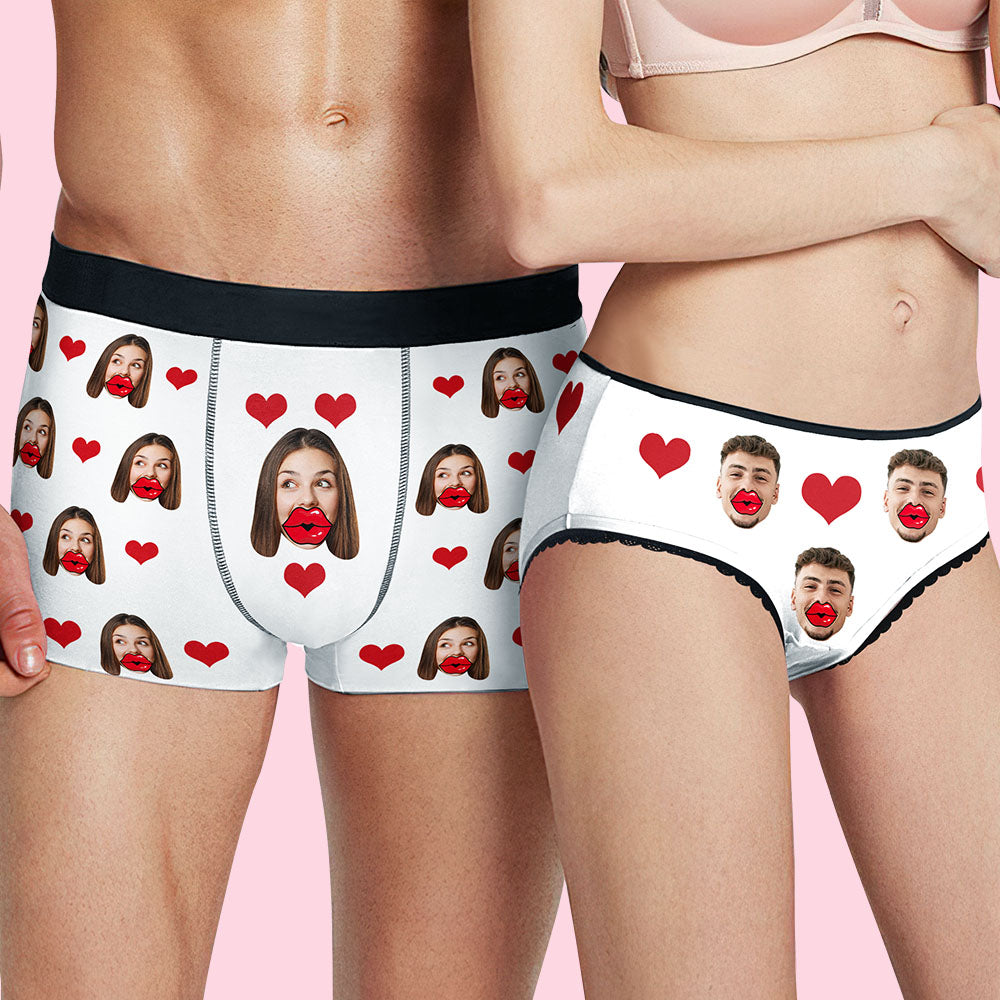 Custom Face Red Lips and Heart Boxer Personalized Men's Underwear-Blongser