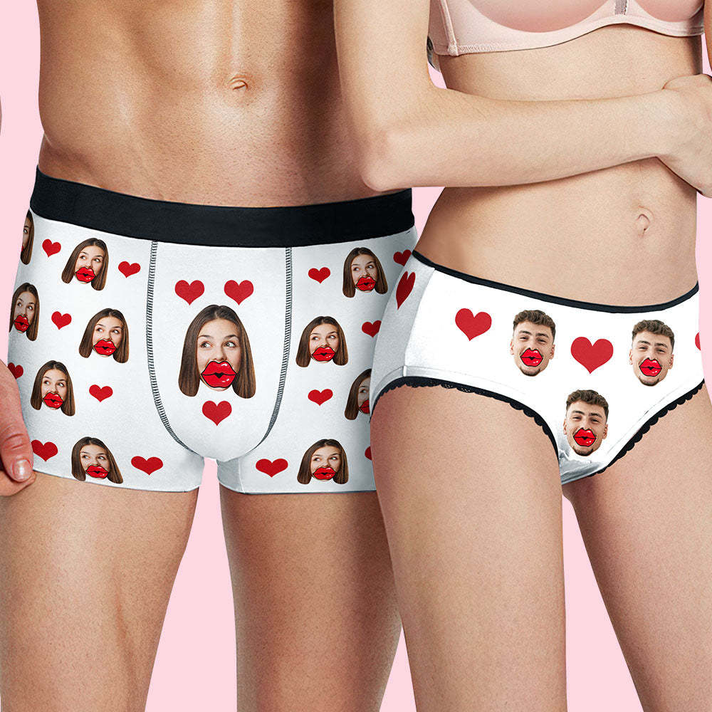 Custom Face Red Lips and Heart Boxer Personalized Men's Underwear-Blongser