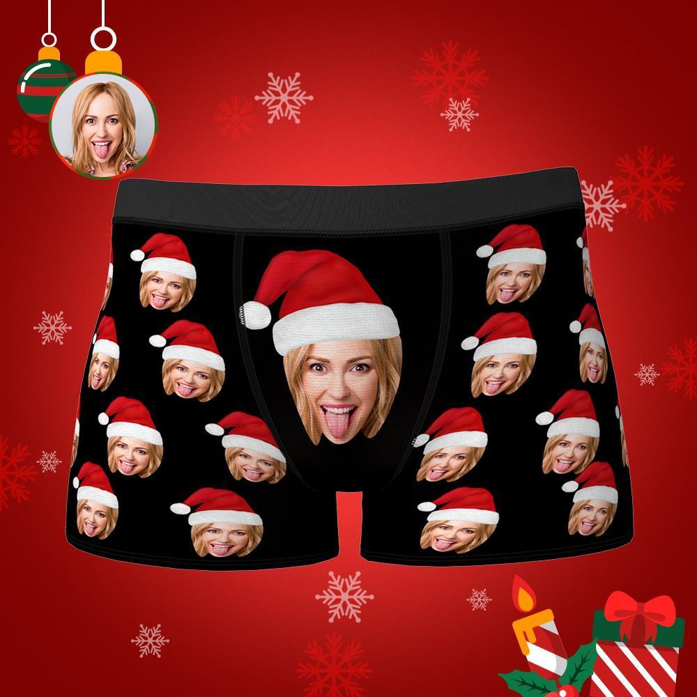 Custom Face Boxers Shorts With Christmas hat Personalized Photo Underwear Christmas Gift For Men-Blongser