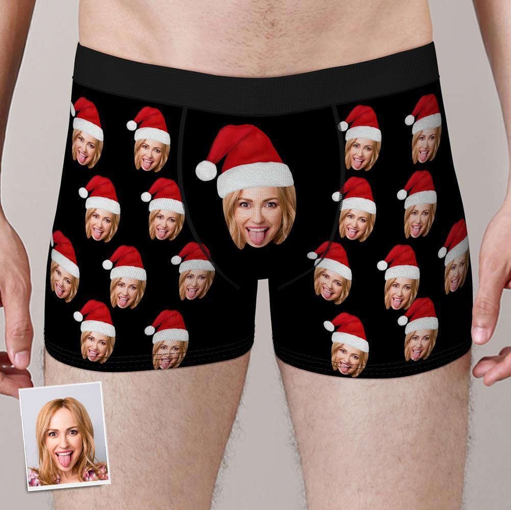 Custom Face Boxers Shorts With Christmas hat Personalized Photo Underwear Christmas Gift For Men-Blongser