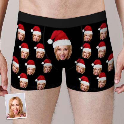 Custom Face Boxers Shorts With Christmas hat Personalized Photo Underwear Christmas Gift For Men-Blongser