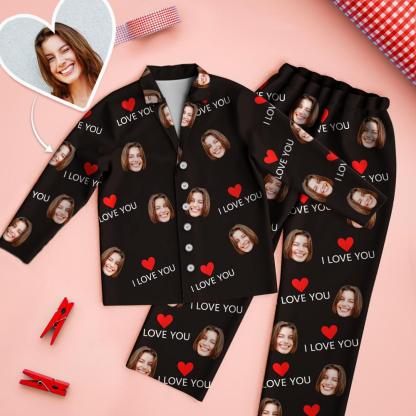 Custom Face Love You Pajamas Set Black Couple Sleepwear Long Sleeve Nightwear-Blongser