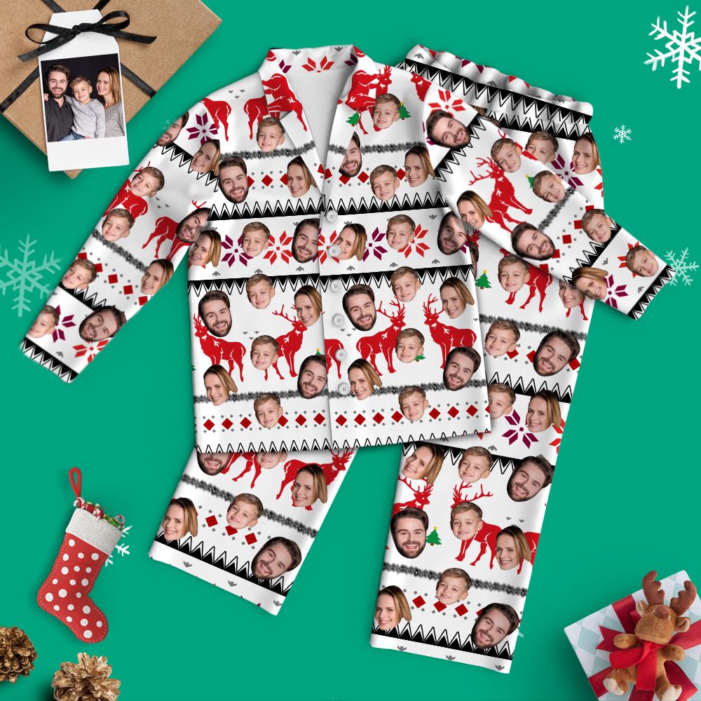 Custom Face Christmas Long Sleeve White Pajamas with Reindeer-Blongser