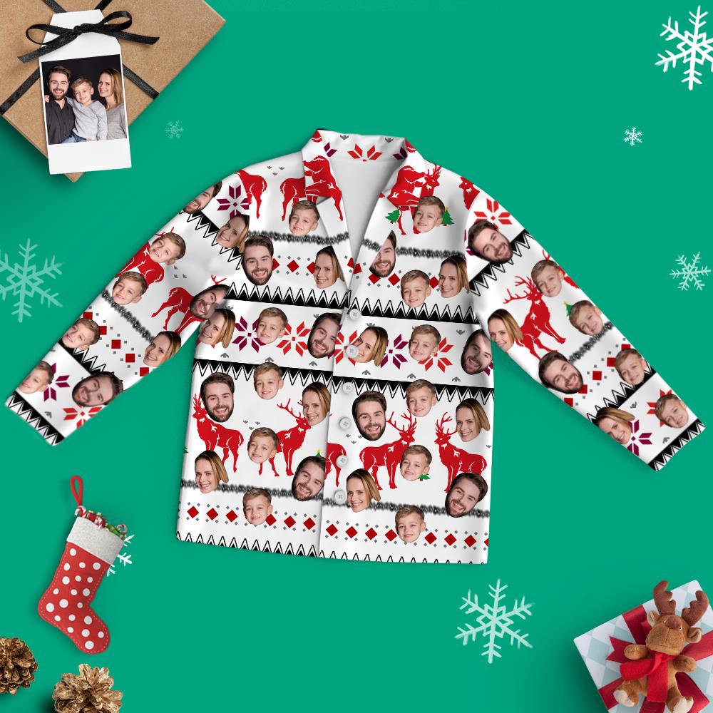 Custom Face Christmas Long Sleeve White Pajamas with Reindeer-Blongser