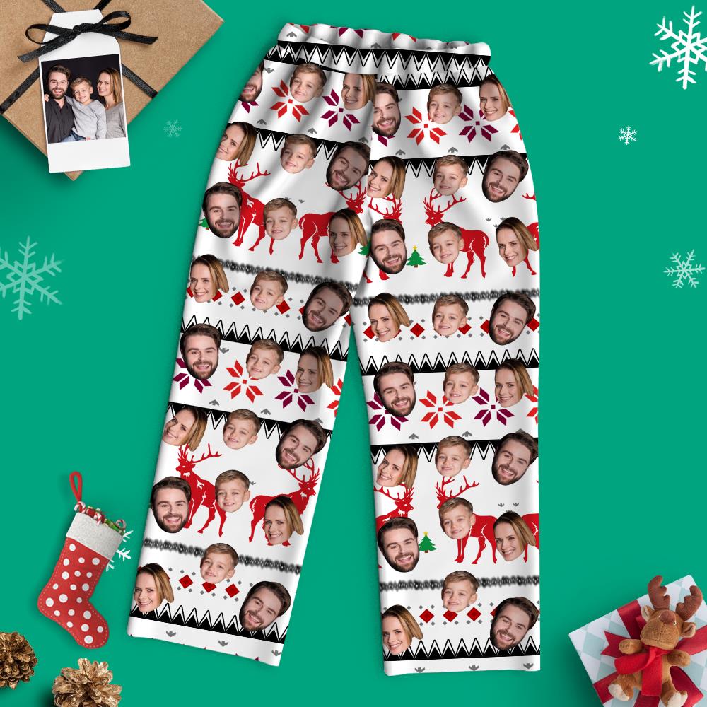 Custom Face Christmas Long Sleeve White Pajamas with Reindeer-Blongser