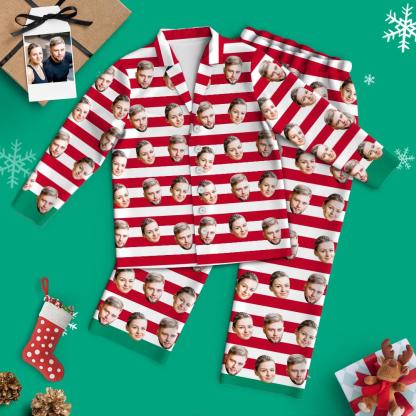 Custom Face Christmas Long Sleeve Pajamas - Red and White Stripe Couple-Blongser