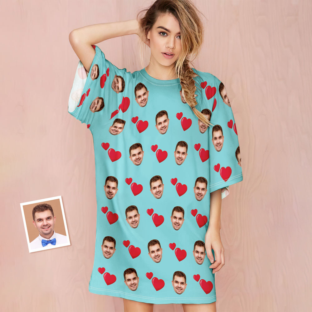 Custom Photo Face Nightdress Personalized Women's Oversized Nightshirt Heart Design Gifts-Blongser