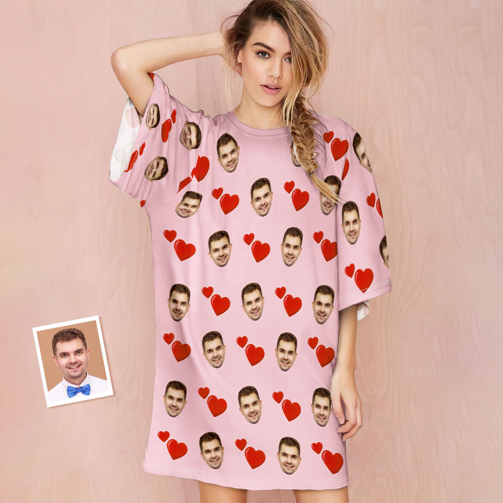 Custom Photo Face Nightdress Personalized Women's Oversized Nightshirt Heart Design Gifts-Blongser