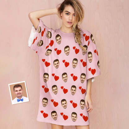 Custom Photo Face Nightdress Personalized Women's Oversized Nightshirt Heart Design Gifts-Blongser