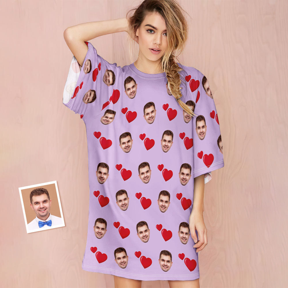 Custom Photo Face Nightdress Personalized Women's Oversized Nightshirt Heart Design Gifts-Blongser