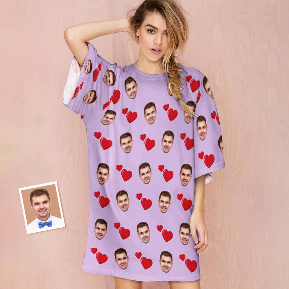 Custom Photo Face Nightdress Personalized Women's Oversized Nightshirt Heart Design Gifts-Blongser