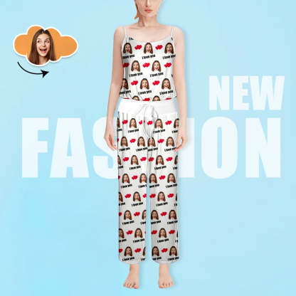 Custom Sleepwear Set With Face Customized Photo Pajamas Gifts for Her Heart & I love you-Blongser