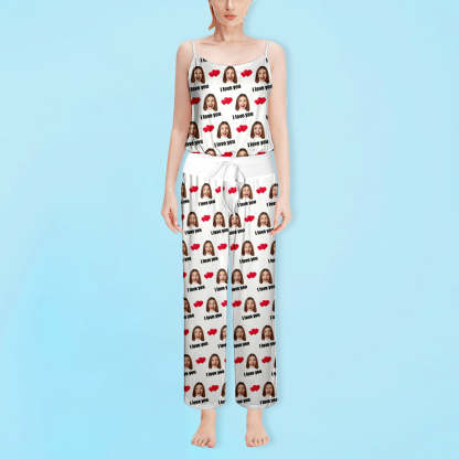 Custom Sleepwear Set With Face Customized Photo Pajamas Gifts for Her Heart & I love you-Blongser
