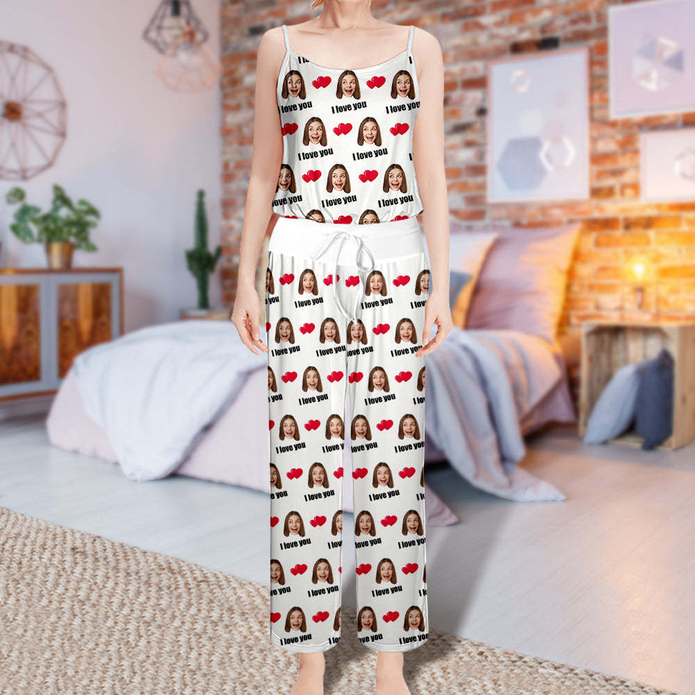 Custom Sleepwear Set With Face Customized Photo Pajamas Gifts for Her Heart & I love you-Blongser