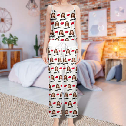 Custom Sleepwear Set With Face Customized Photo Pajamas Gifts for Her Heart & I love you-Blongser