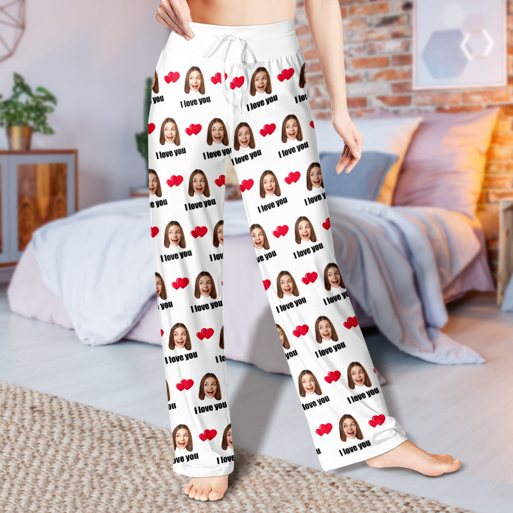 Custom Sleepwear Set With Face Customized Photo Pajamas Gifts for Her Heart & I love you-Blongser