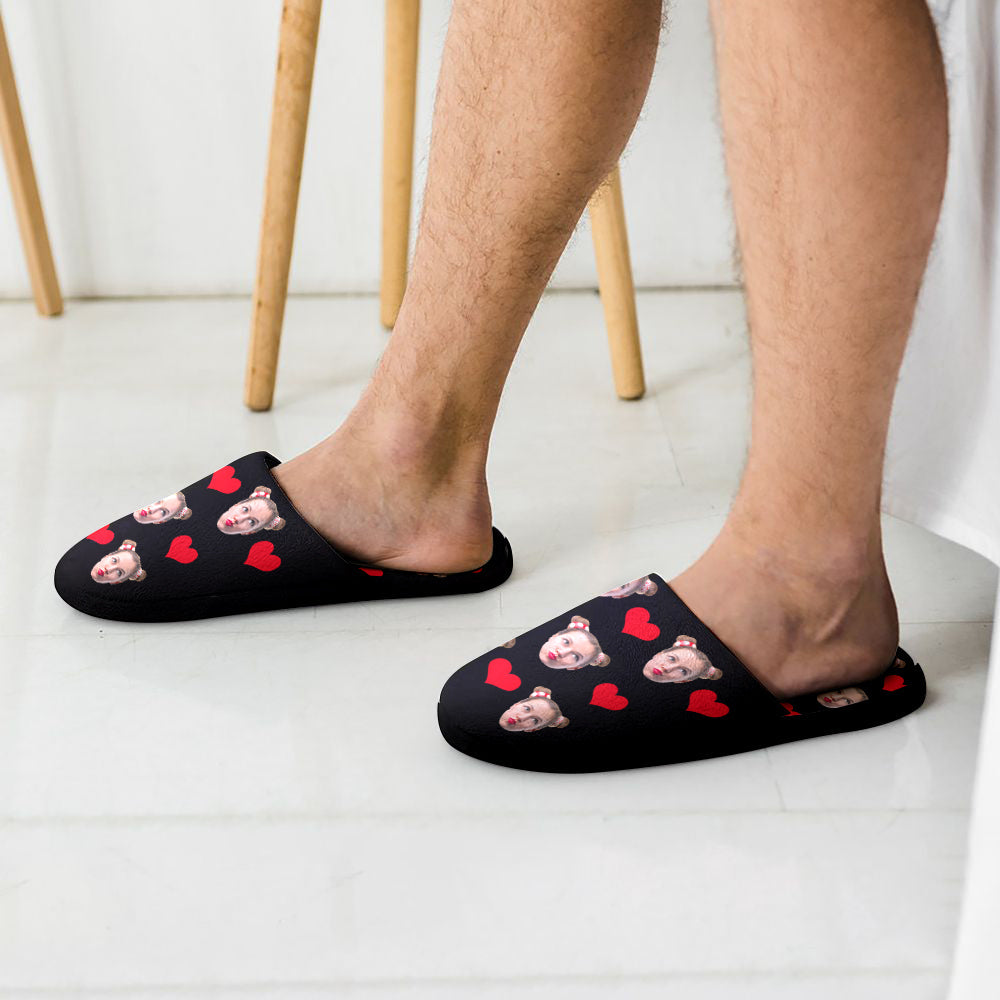 Custom Face Women's and Men's Slippers Personalized Heart Casual House Shoes Indoor Outdoor Bedroom Cotton Slippers-Blongser
