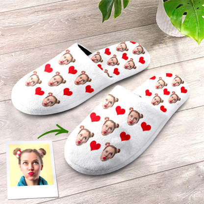 Custom Face Women's and Men's Slippers Personalized Heart Casual House Shoes Indoor Outdoor Bedroom Cotton Slippers-Blongser