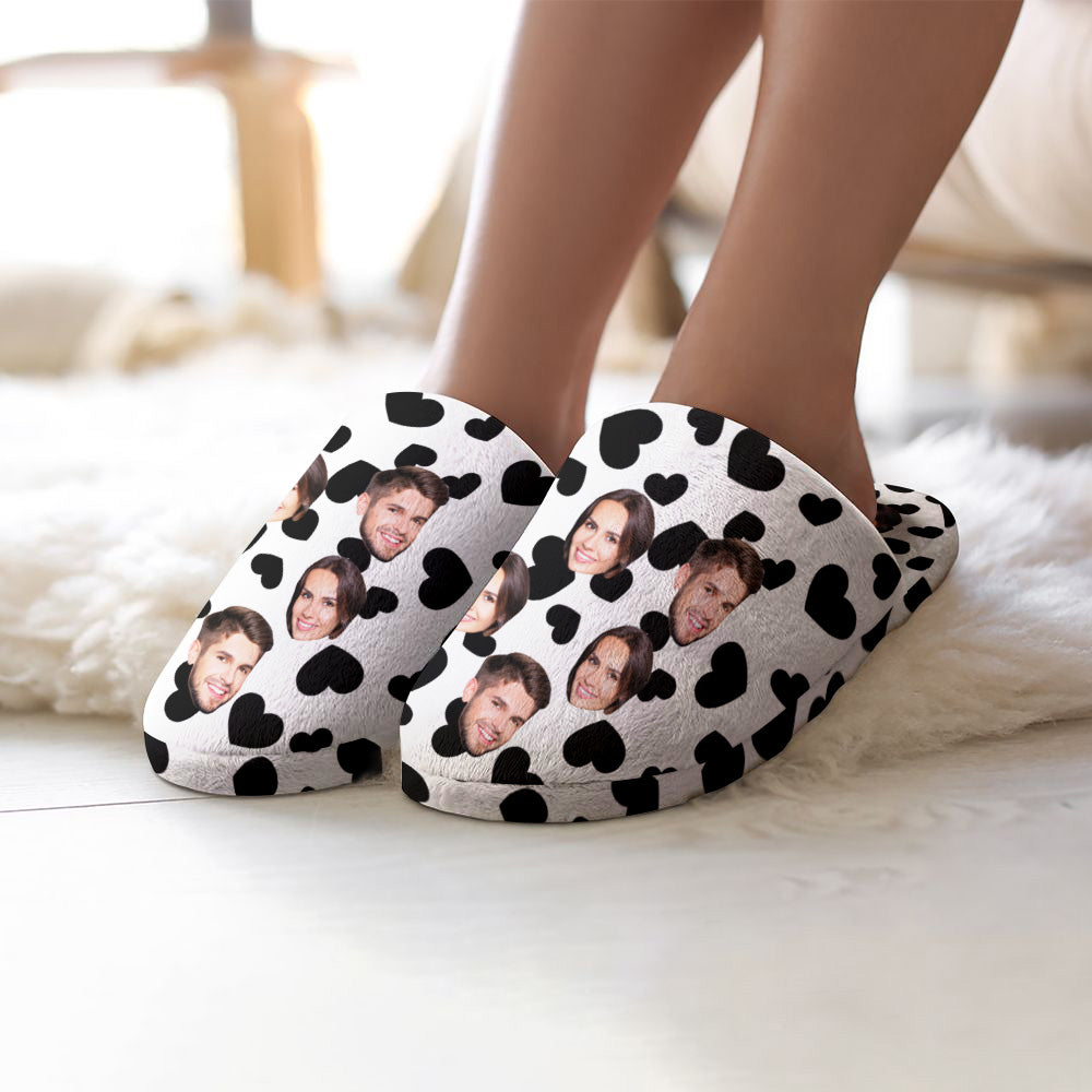 Custom Face Women's and Men's Slippers Personalized Black Heart Casual House Shoes Indoor Outdoor Bedroom Cotton Slippers-Blongser