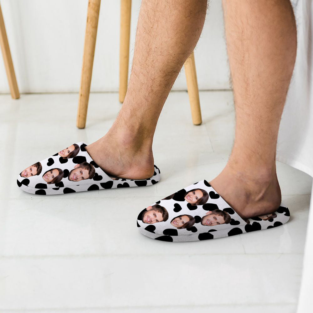 Custom Face Women's and Men's Slippers Personalized Black Heart Casual House Shoes Indoor Outdoor Bedroom Cotton Slippers-Blongser