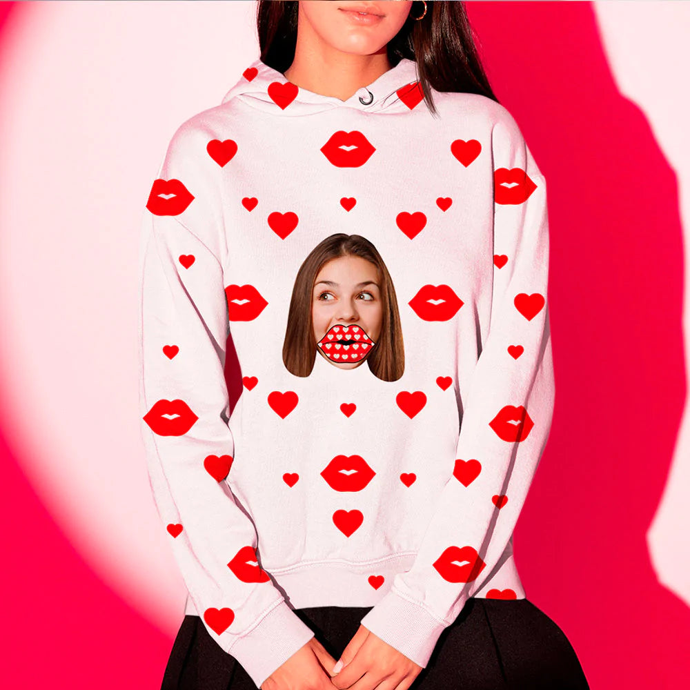 Unisex Custom Face Red Heart Lips Hoodie-Blongser