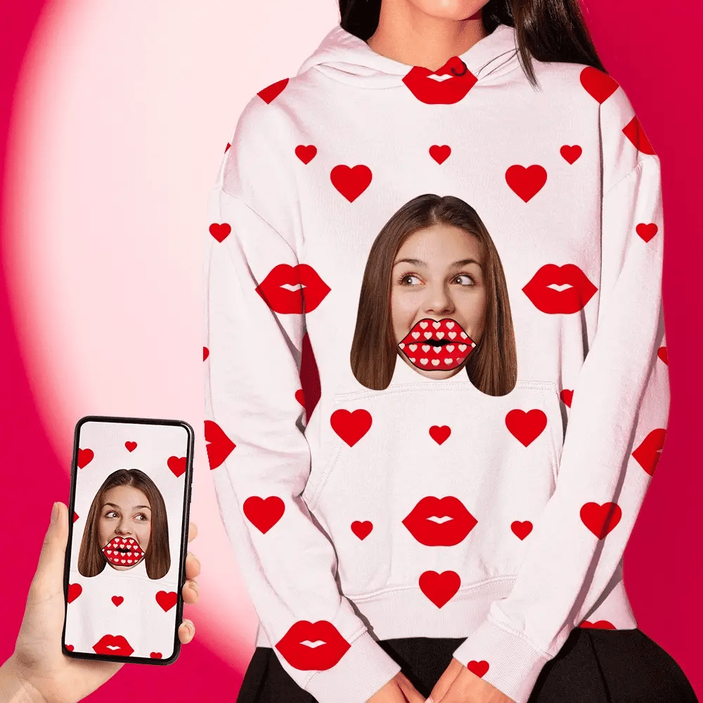 Unisex Custom Face Red Heart Lips Hoodie-Blongser