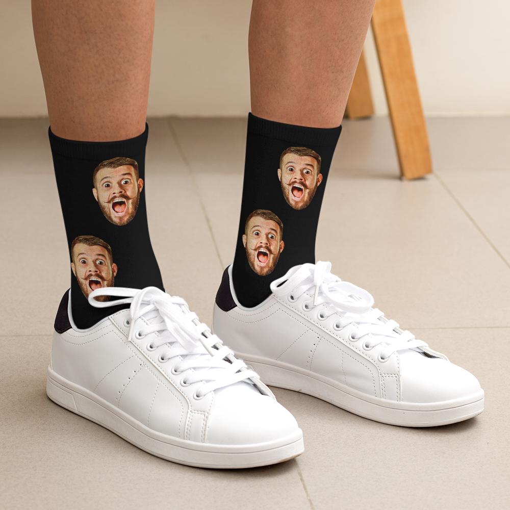Custom Face Classic Design Black Background Stripes Big Eyes Socks Personalized Photo Socks Unisex Gift For Men Women-Blongser