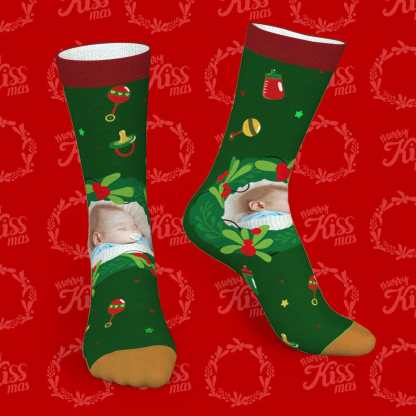 Personalized Photo Socks Christmas Mistletoe and Feeding Bottle Socks Gifts for Family-Blongser