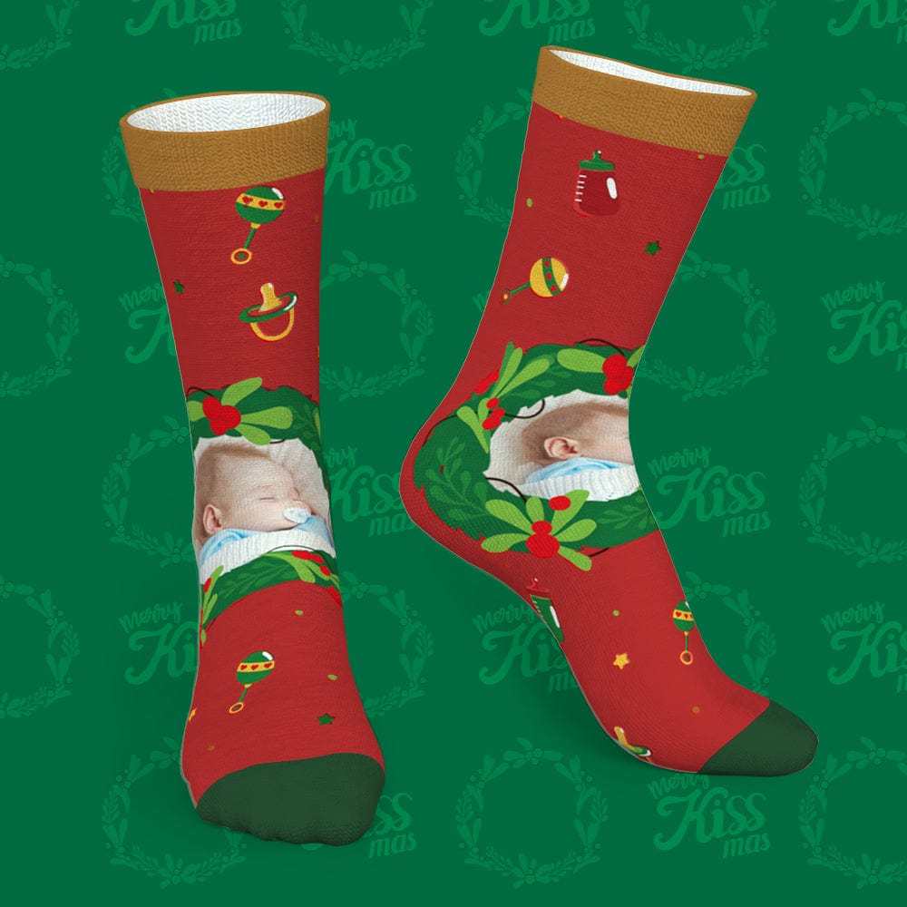 Personalized Photo Socks Christmas Mistletoe and Feeding Bottle Socks Gifts for Family-Blongser