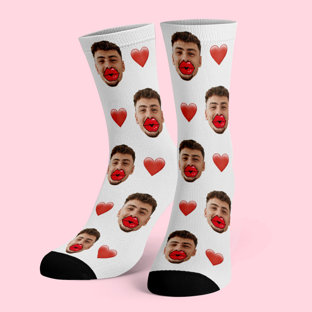Custom Face Socks Personalized Unisex Socks with Heart and Red Lips-Blongser