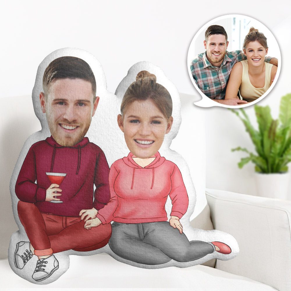 Custom 3D Face Pillow Sitting Couples with Wine Christmas Day Gifts-Blongser
