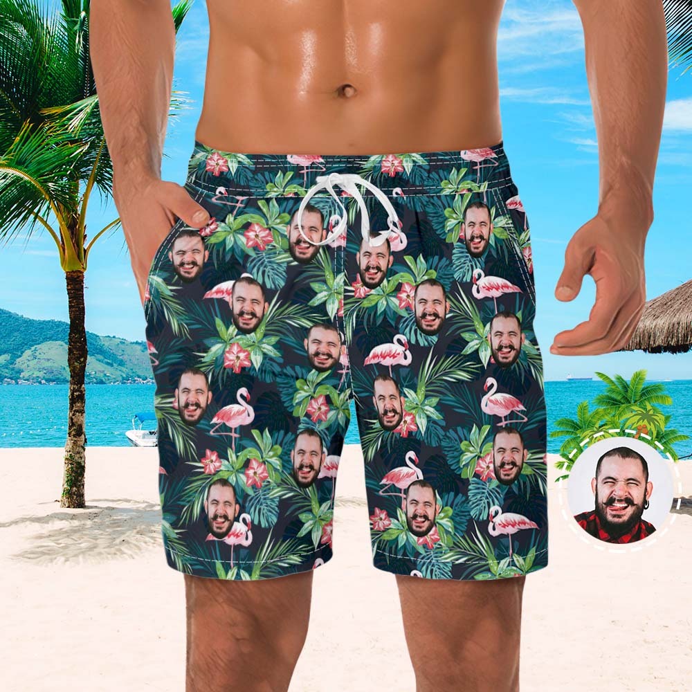 Custom Face Hawaiian Shirt And Beach Shorts Set Personalized Men's Photo Flamingo Flower Set Vacation Party Gift-Blongser