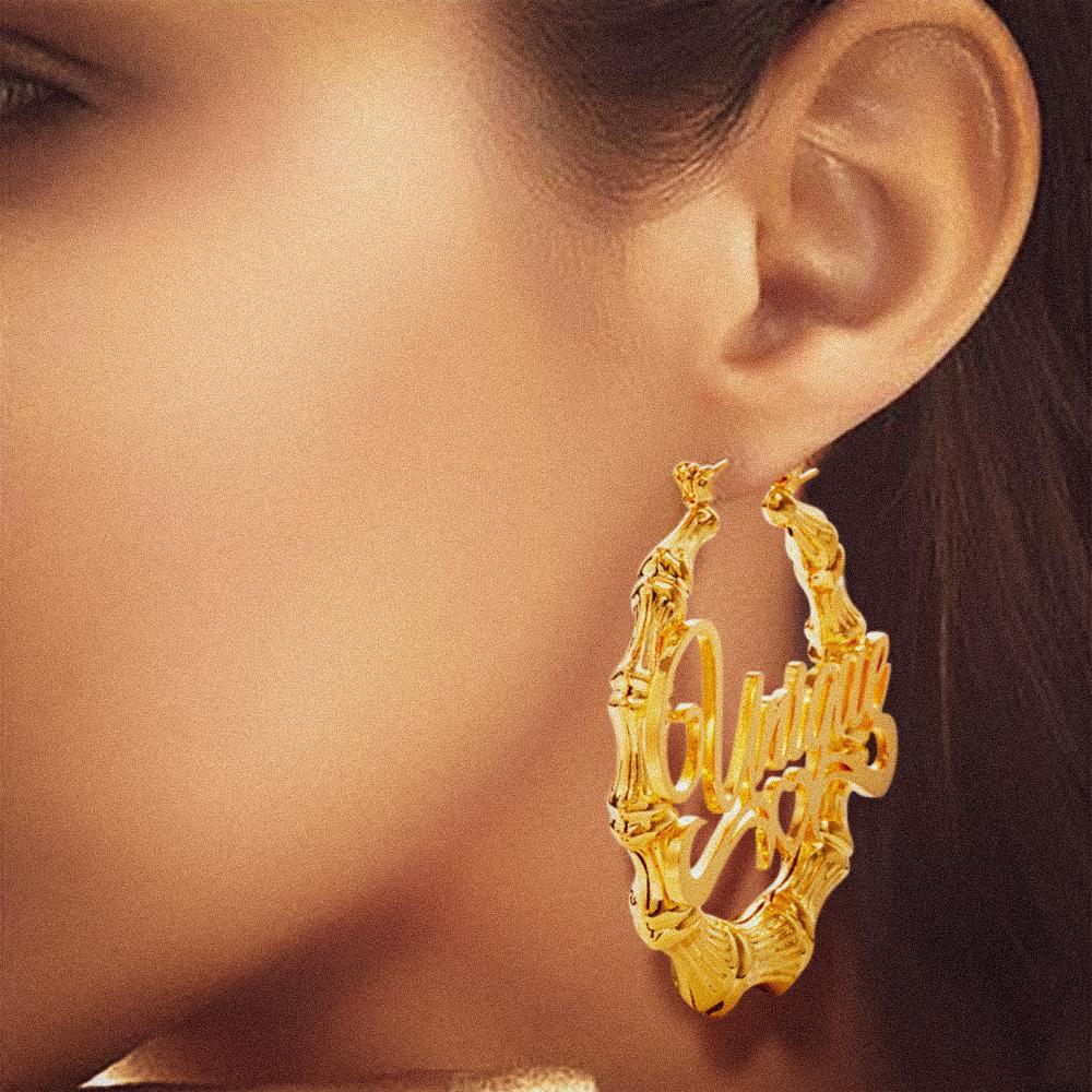 Custom Name Earrings Stainless Steel Big Circle Bamboo Earrings-Blongser