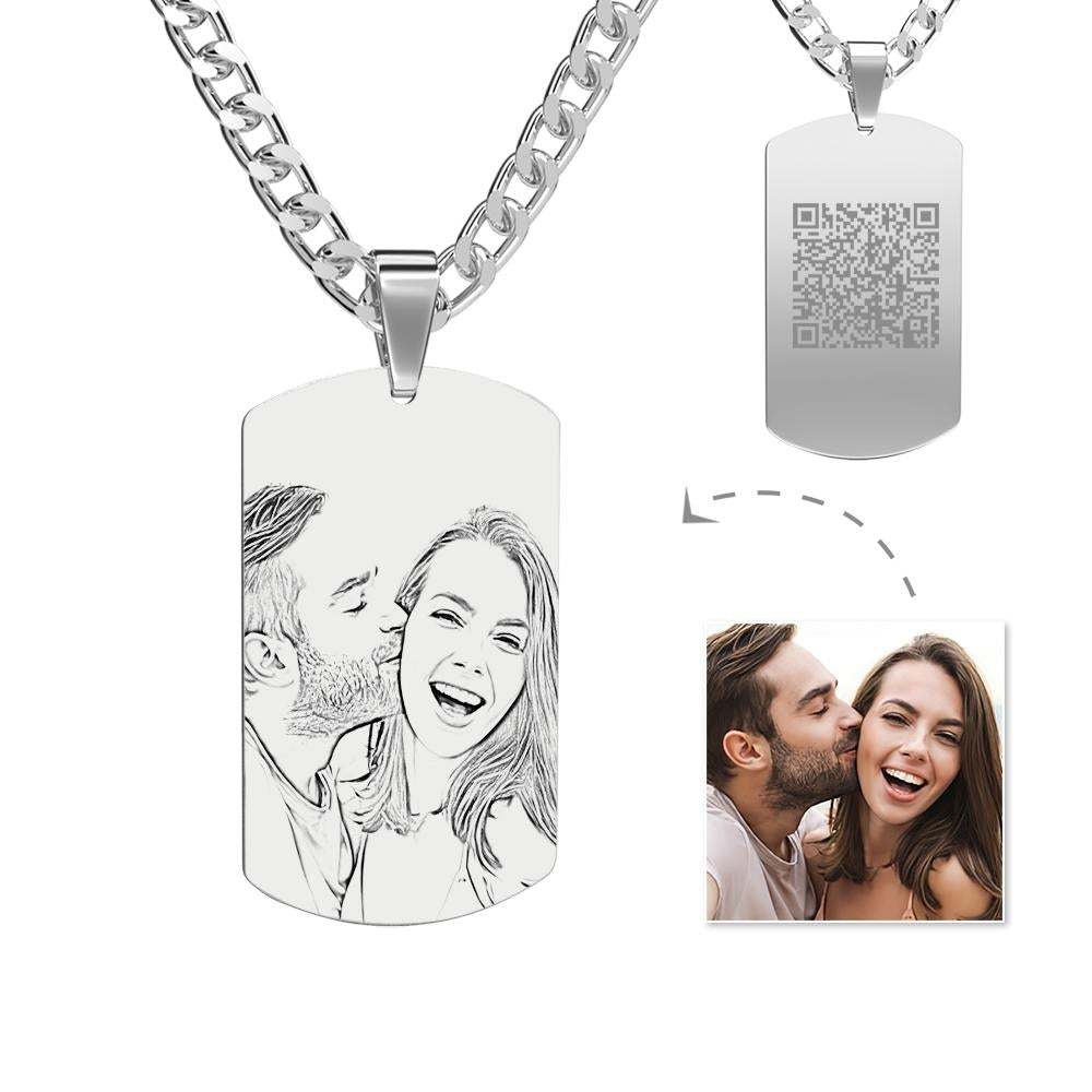 Personalized Men's Photo Necklace Engraved QR Code Necklace-Blongser