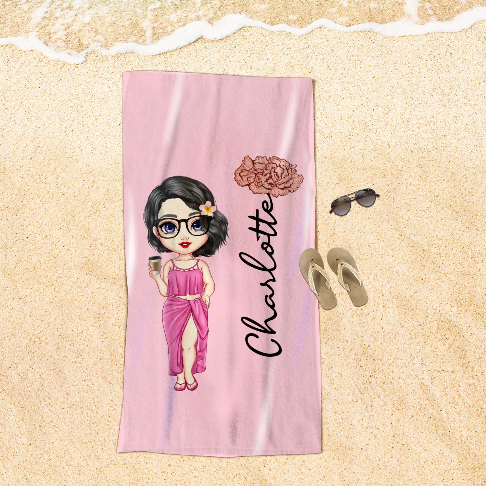 Custom Cartoon Women Girl Birth Flower Multicolor Beach Towel Personalized Name Vacation Beach Towel Gift for Friend-Blongser
