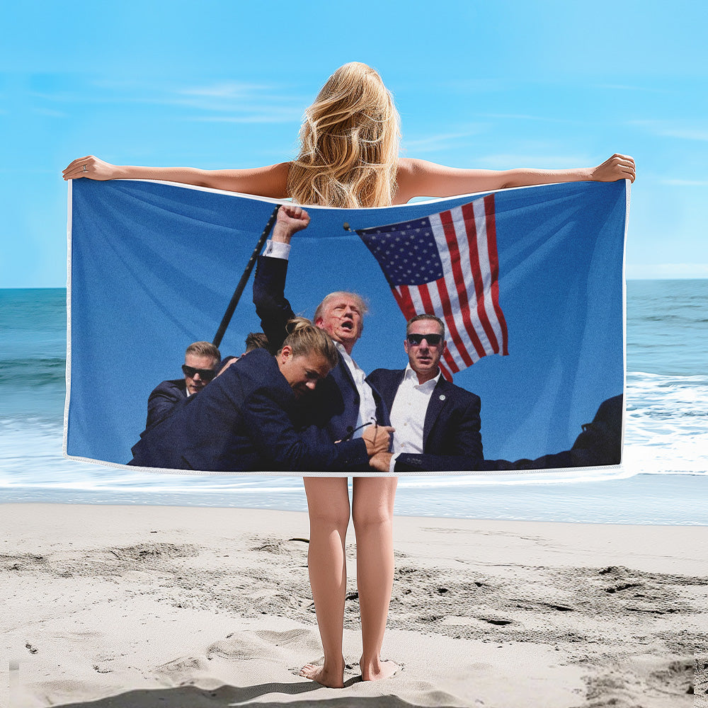 Fight! Trump Shot 2024 Beach Towel – Bold and Memorable Design for Your Summer Adventures-Blongser