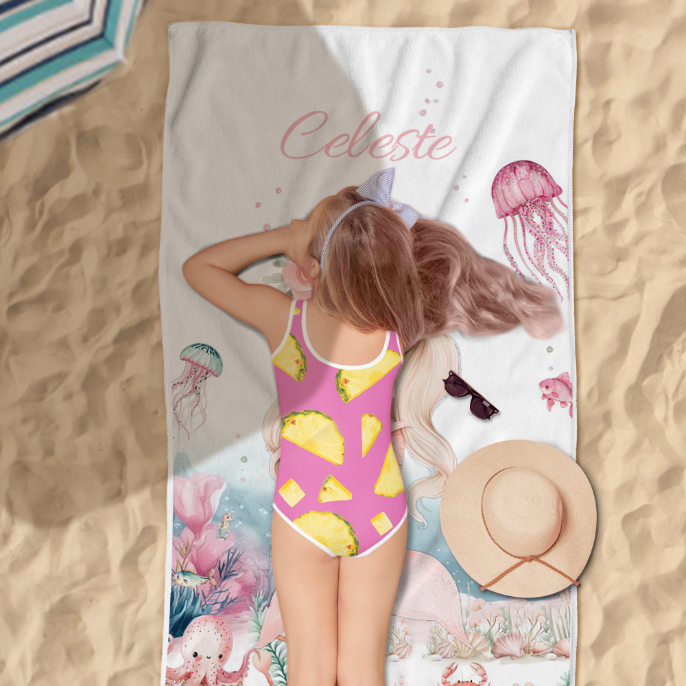 Personalized Cute Mermaid Beach Towel with Name Beach Vacation Accessories Gift for Girl-Blongser