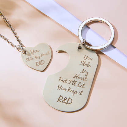Personalized Photo Steal My Heart Couple Keychain Custom Engraved Keychain Necklace Set for Couples-Blongser