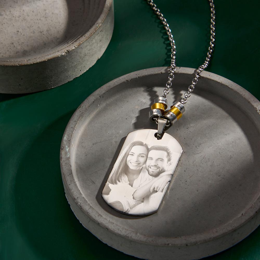 Personalized Square Photo Necklace With Engraved Beads Pendant Gifts For Lovers-Blongser