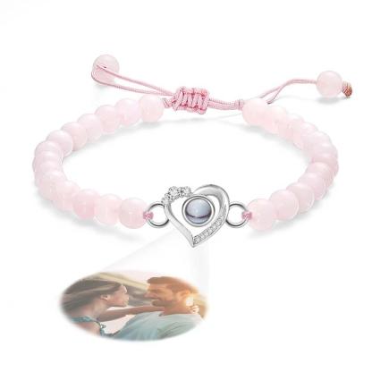 Personalized Photo Projection Beads Bracelet Heart-Shaped With Rhinestones Special Gift For Her-Blongser