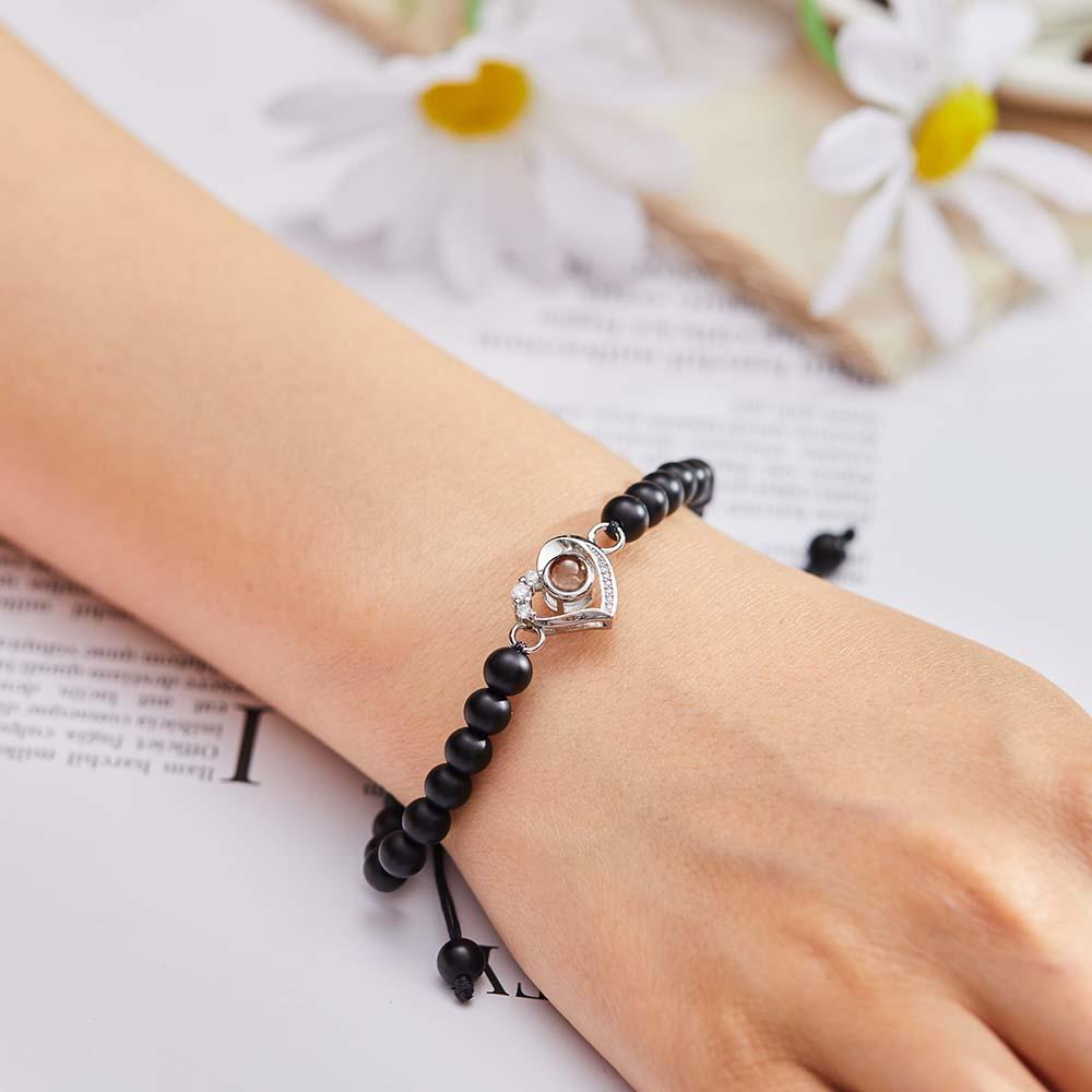 Personalized Photo Projection Beads Bracelet Heart-Shaped With Rhinestones Special Gift For Her-Blongser