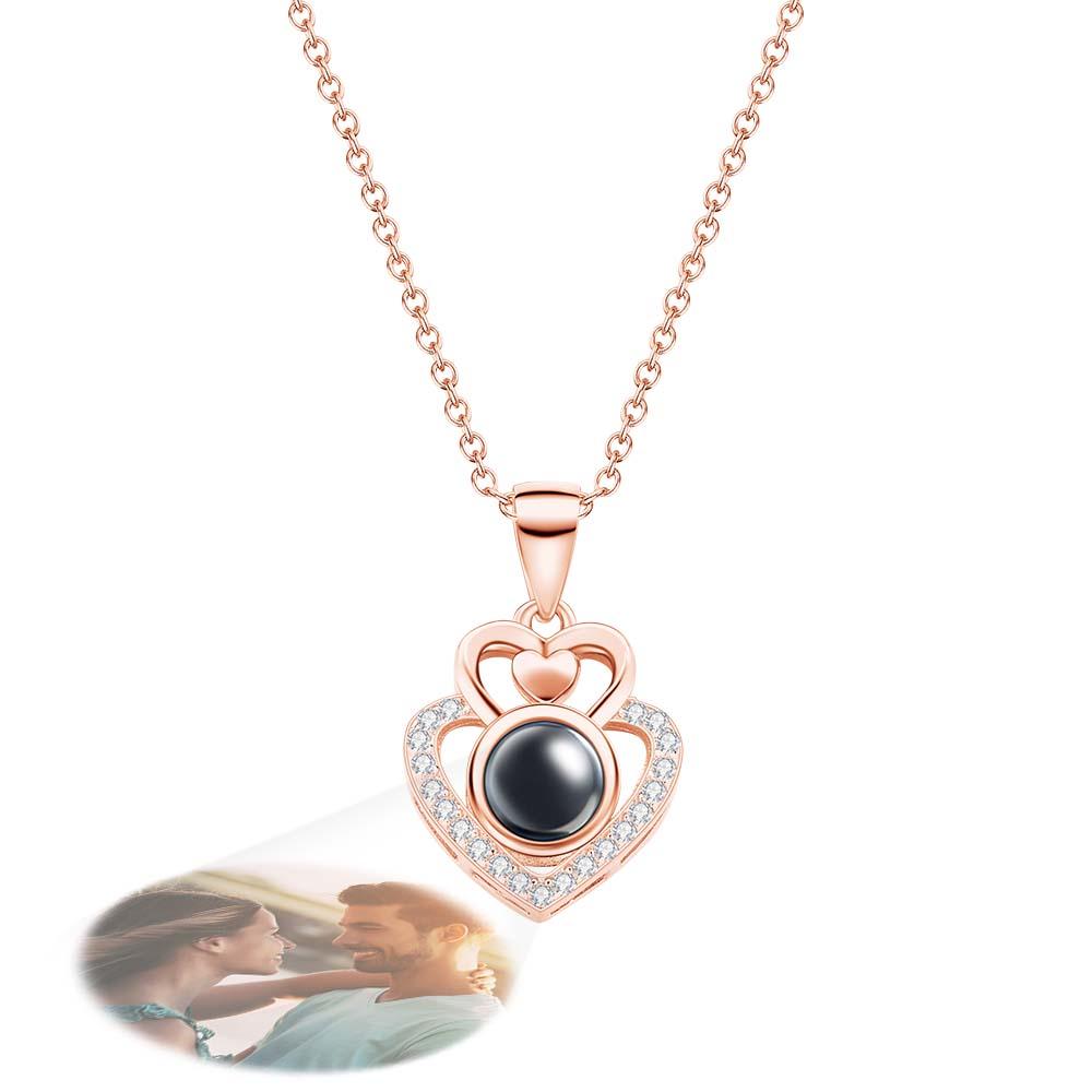 Custom Photo Projection Necklace Double Heart Romantic Couple Gifts-Blongser