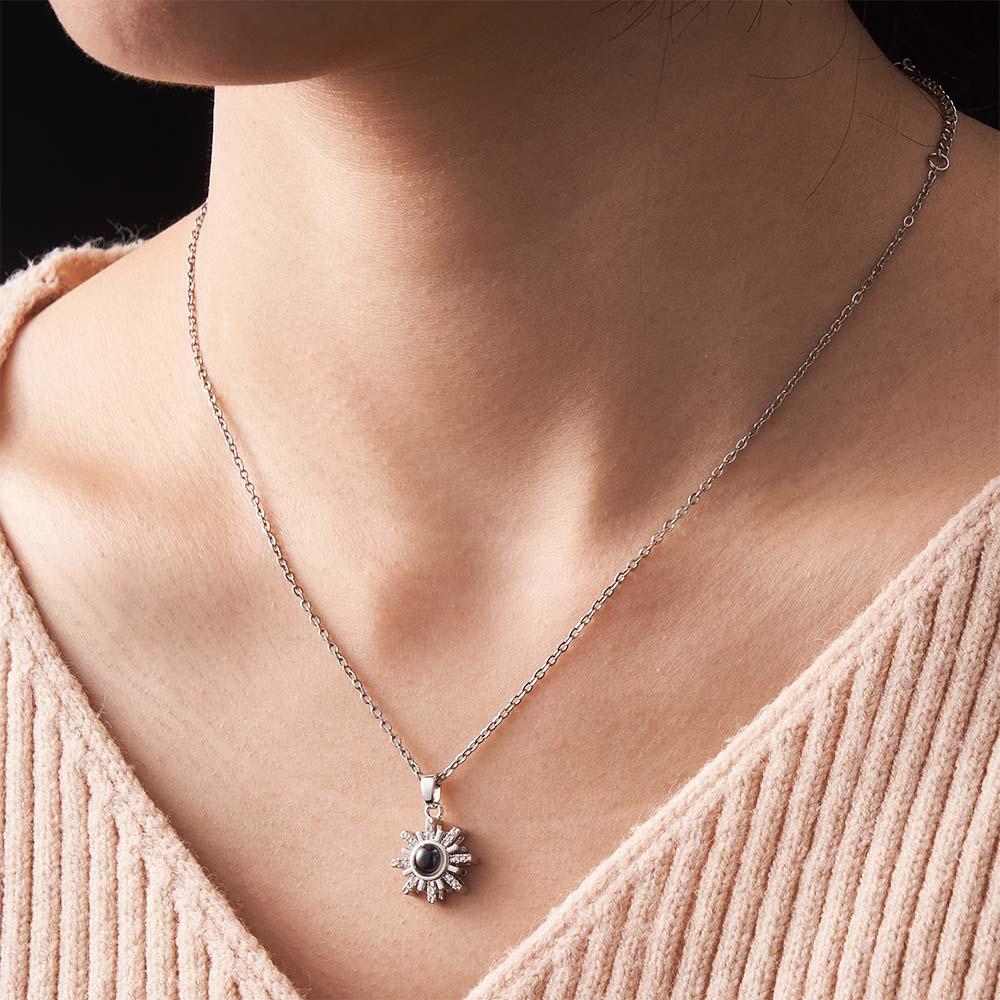 Custom Photo Projection Necklace Sun Flower Diamond Couple Gifts-Blongser