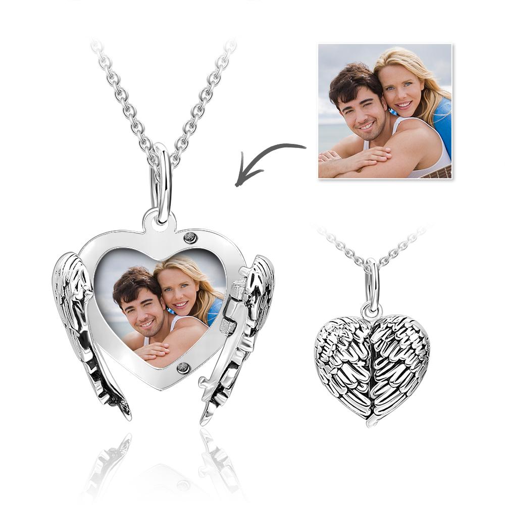Cutsom Angel Wings Heart Locket Necklace	with Engraving-Blongser
